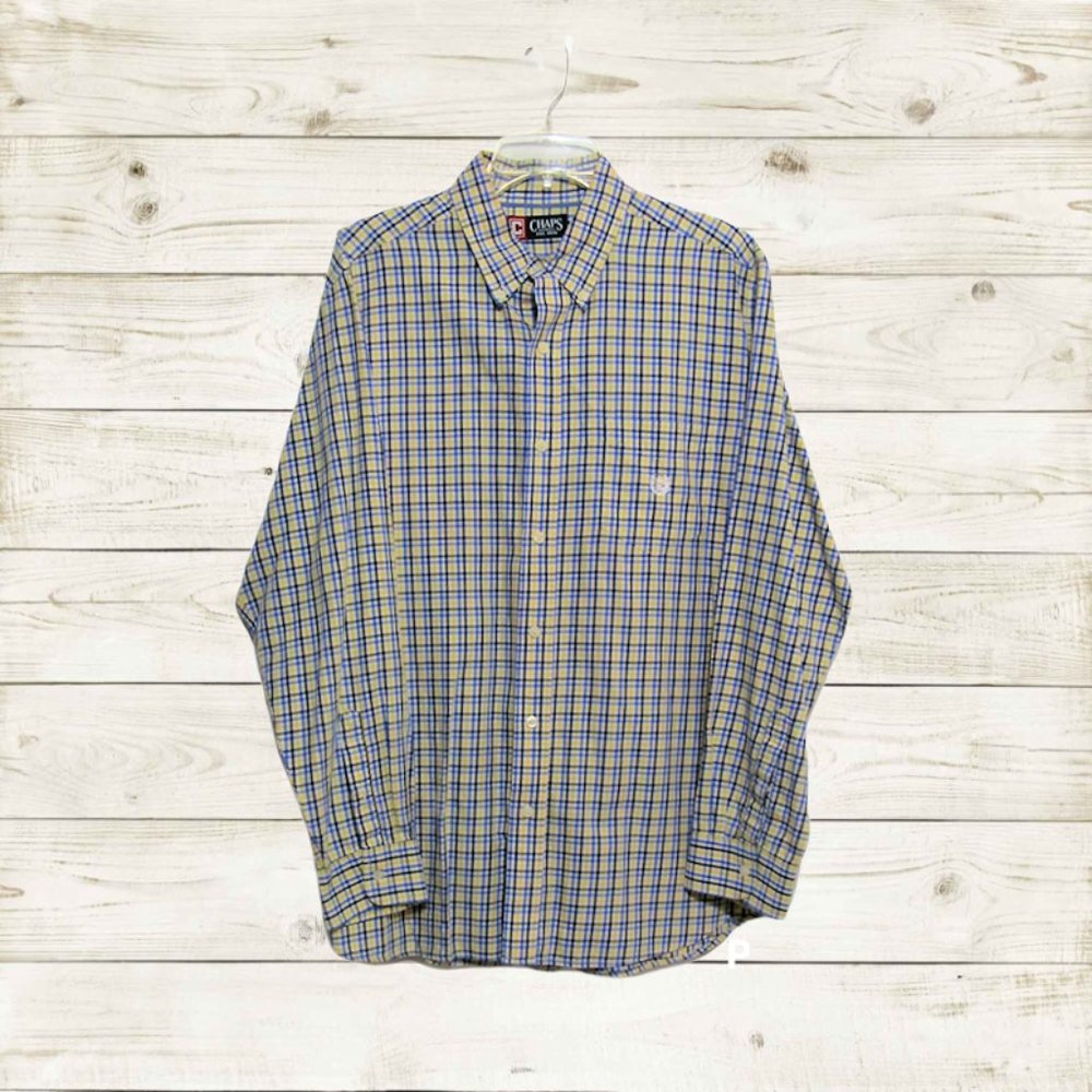 Chaps mens shirt Size L long sleeve blue plaid button up